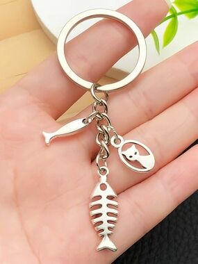 Cat & Fishbone Charm Keychain